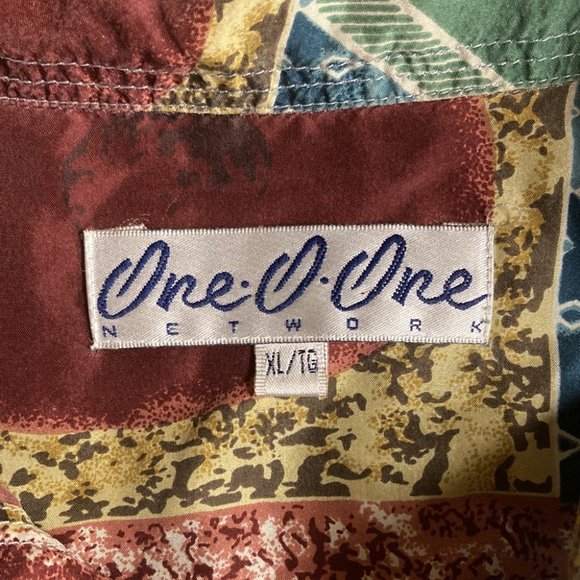 SOLD On EB-AY Vintage 100% Silk Geometric Earth Tone Button Down Shirt Unisex - Picture 7 of 10